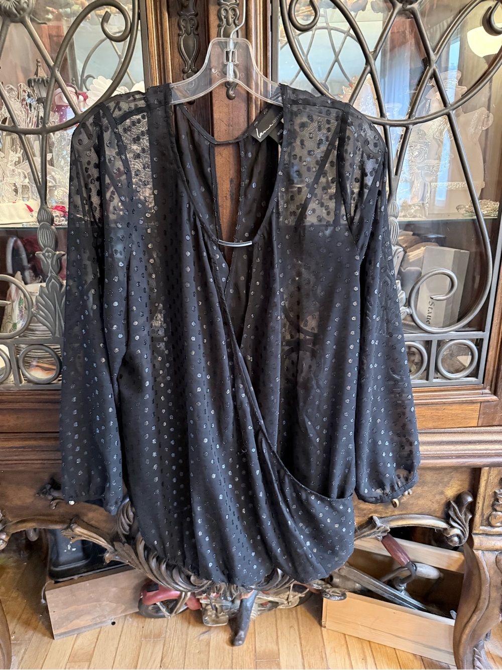 Lane Bryant Black Sheer Polka Dot Wrap Top